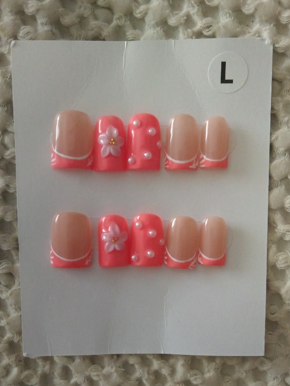 Baby Ducks Bright Coral Floral Pearl Size Large Press-On Nails 💅